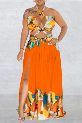Orange Sexy Print Bandage Backless Slit Halter Long Dress Dresses