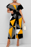 Yellow Sexy Geometric Print Patchwork Flounce Off the Shoulder Straight Jumpsuits