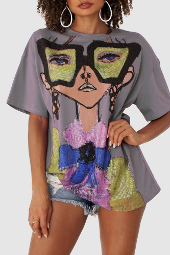 Grey Casual Street Print Patchwork Hot Drill O Neck T-Shirts