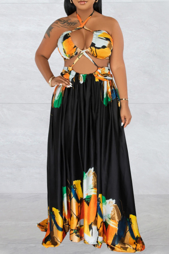 Black Sexy Print Bandage Backless Slit Halter Long Dress Dresses