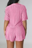 Pink Casual Solid Patchwork Shirt Collar Short Sleeve Two Pieces