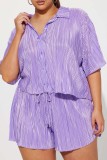 Purple Casual Solid Patchwork Shirt Collar Short Sleeve Two Pieces