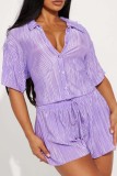 Purple Casual Solid Patchwork Shirt Collar Short Sleeve Two Pieces