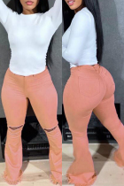 Pink Casual Solid Tassel Ripped Mid Waist Regular Denim Jeans