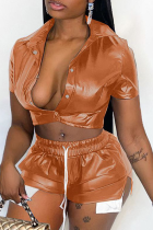 Orange Sexy Solid Draw String Turndown Collar Short Sleeve Two Pieces