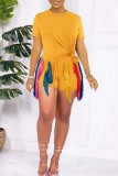 Yellow Casual Solid Tassel Patchwork O Neck Short Sleeve Two Pieces