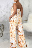 Yellow Sexy Print Patchwork Strapless Straight Jumpsuits(With A Belt)