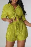 Green Yellow Casual Solid Patchwork Shirt Collar Short Sleeve Two Pieces