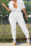 White Casual Solid Patchwork Draw String Zipper Collar Regular Jumpsuits