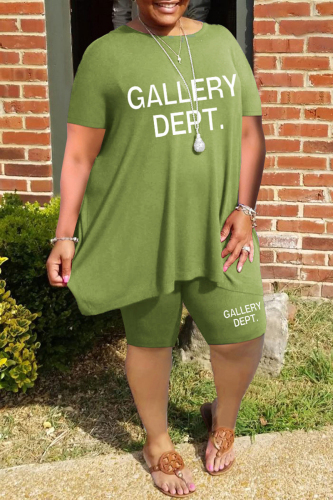 Green Casual Letter Print Basic O Neck Plus Size Two Pieces