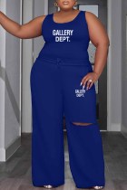 Deep Blue Casual Print Ripped Letter U Neck Sleeveless Two Pieces