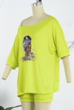 Fluorescent Green Casual Print Basic Oblique Collar Half Sleeve Two Pieces
