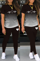Black Casual Gradual Change Print Basic O Neck Short Sleeve Two Pieces