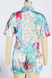 Multicolor Casual Print Patchwork Shirt Collar Short Sleeve Two Pieces