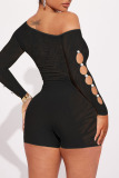 Black Sexy Solid Hollowed Out Patchwork See-through Pearl Oblique Collar Skinny Jumpsuits