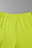 Fluorescent Green Casual Print Basic Oblique Collar Half Sleeve Two Pieces