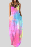 Dark Blue Pink Sexy Print Patchwork Spaghetti Strap Printed Dress Dresses