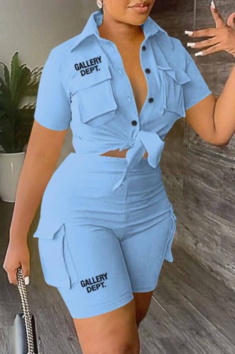 Sky Blue Casual Street Print Letter Turndown Collar Short Sleeve Two Pieces