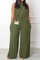 Army Green Casual Solid Basic Half A Turtleneck Regular Jumpsuits