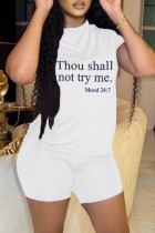 White Casual Letter Print Basic O Neck Short Sleeve Two Pieces