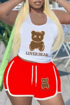 Red Casual Print Letter U Neck Plus Size Two Pieces