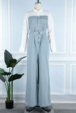 Blue Casual Solid Patchwork Buckle Turndown Collar Straight Jumpsuits