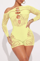 Shallow Yellow Sexy Solid Hollowed Out Patchwork See-through Pearl Oblique Collar Skinny Jumpsuits