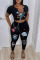 Light Blue Casual Print Patchwork U Neck Short Sleeve Two Pieces