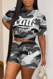 Army Green Casual Letter Print Basic O Neck Short Sleeve Two Pieces