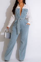 Blue Casual Solid Patchwork Buckle Turndown Collar Straight Jumpsuits