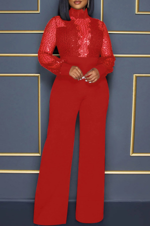 Red Fashion Sexy Patchwork Sequins See-through Turtleneck Regular Jumpsuits
