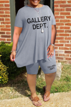 Grey Casual Letter Print Basic O Neck Plus Size Two Pieces
