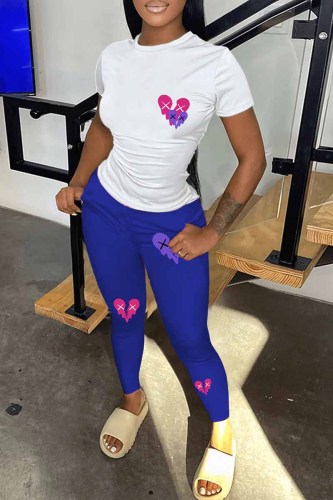 Blue Casual Print Patchwork O Neck Short Sleeve Two Pieces