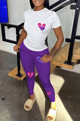 Purple Casual Print Patchwork O Neck Short Sleeve Two Pieces
