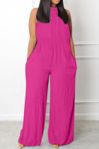 Rose Red Casual Solid Basic Half A Turtleneck Regular Jumpsuits
