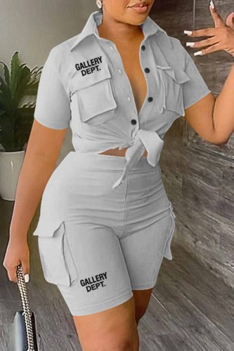 Grey Casual Street Print Letter Turndown Collar Short Sleeve Two Pieces