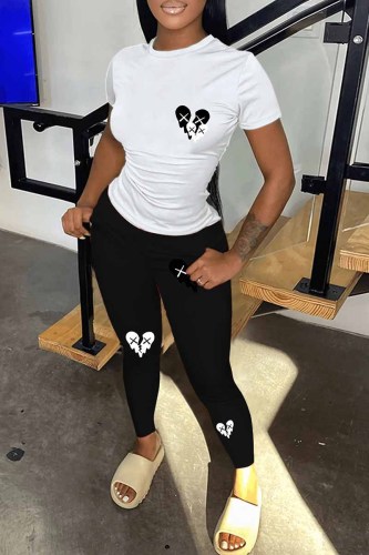 Black Casual Print Patchwork O Neck Short Sleeve Two Pieces