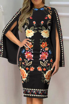 Black Red Elegant Print Patchwork V Neck One Step Skirt Dresses