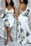 White Sexy Party Formal Floral Not Positioning Printed Slit Printing One Shoulder Printed Dress Dresses