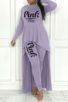 Purple Casual Letter Print Asymmetrical O Neck Long Sleeve Two Pieces