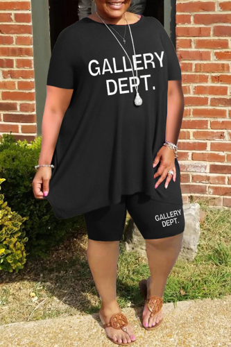 Black Casual Letter Print Basic O Neck Plus Size Two Pieces