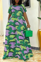 Light Green Casual Vintage Vacation National Totem Basic Printing O Neck A Line Dresses