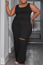 Black Casual Solid Hollowed Out Patchwork U Neck Plus Size Two Pieces