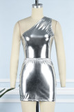 Silver Sexy Solid Patchwork Oblique Collar Sleeveless Two Pieces