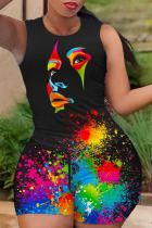 Black Casual Print Patchwork O Neck Sleeveless Two Pieces