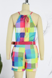 Multicolor Casual Print With Belt O Neck Sleeveless Two Pieces