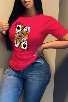 Red Casual Daily Print Patchwork Letter O Neck T-Shirts