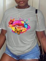 Grey Street Lips Printed Patchwork O Neck T-Shirts