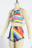 Colour Casual Striped Print Patchwork O Neck Sleeveless Two Pieces