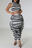 Black And White Casual Striped Print Patchwork Half A Turtleneck Sleeveless Two Pieces